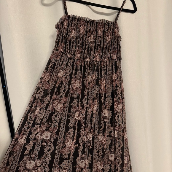 Maxi halter dress Small smocking pleats floral black&Pink-Japanese 0918 - Picture 2 of 13